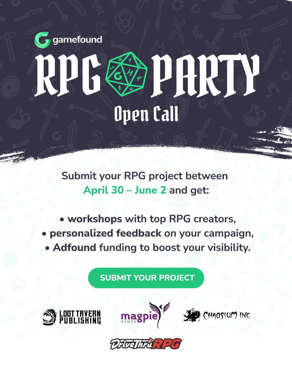 RPG creators – want help launching your next project?
Gamefound is hosting an open call for TTRPG campaigns with support from Chaosium, Magpie Games, Loot Tavern, and DriveThruRPG.
Selected projects get: 

📣 Up to $500 in marketing credit
💬 Mentorship &amp; feedback
🛠️ Campaign