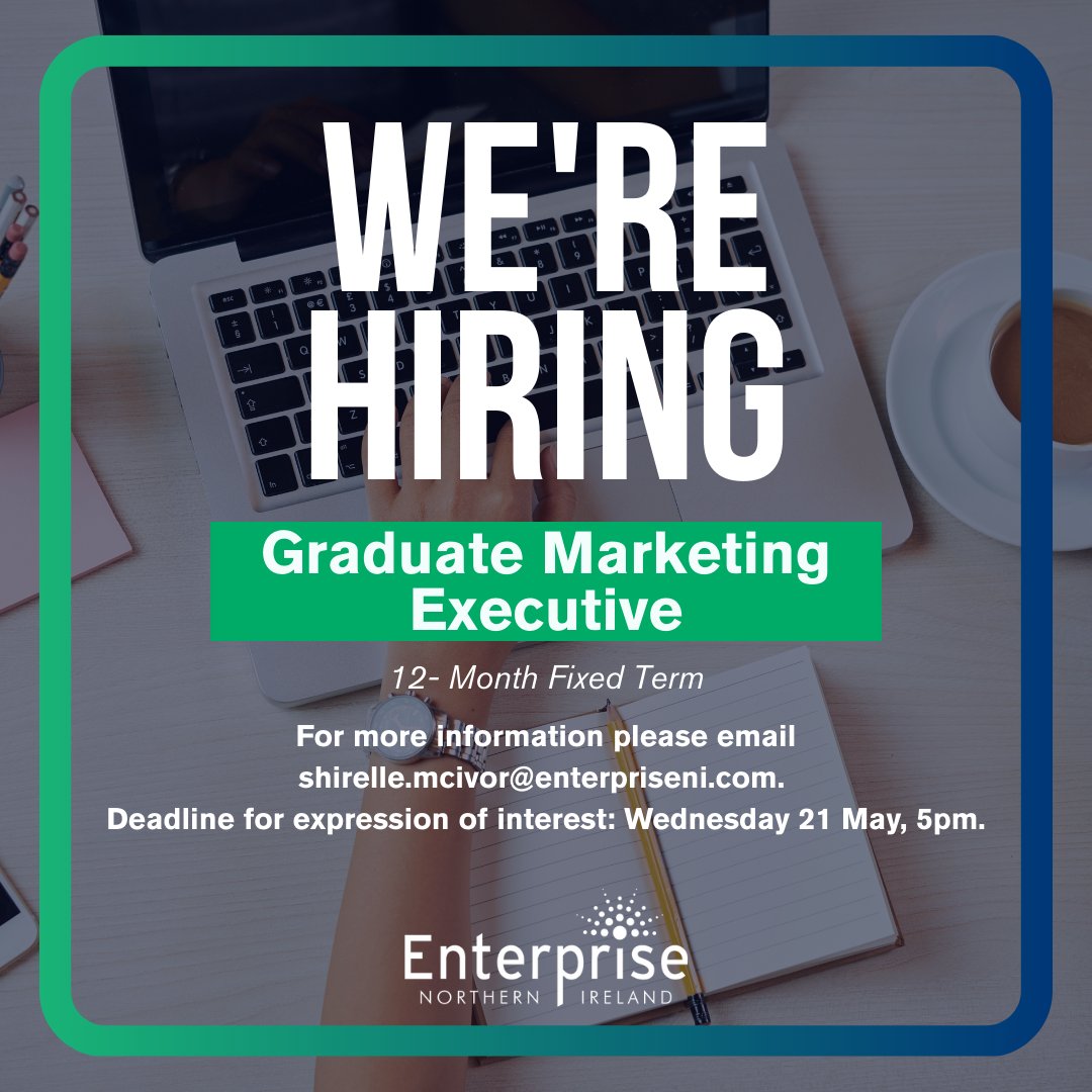Enterprise NI (@enterpriseni) on Twitter photo We’re Hiring: Graduate Marketing Executive! 🚨
Join us at Enterprise Northern Ireland and help amplify the voices of local entrepreneurs and small businesses!
🕔 Deadline: Wednesday 21 May, 5pm.
For more info please email: shirelle.mcivor@enterpriseni.com We’re Hiring: Graduate Marketing Executive! 🚨
Join us at Enterprise Northern Ireland and help amplify the voices of local entrepreneurs and small businesses!
🕔 Deadline: Wednesday 21 May, 5pm.
For more info please email: shirelle.mcivor@enterpriseni.com