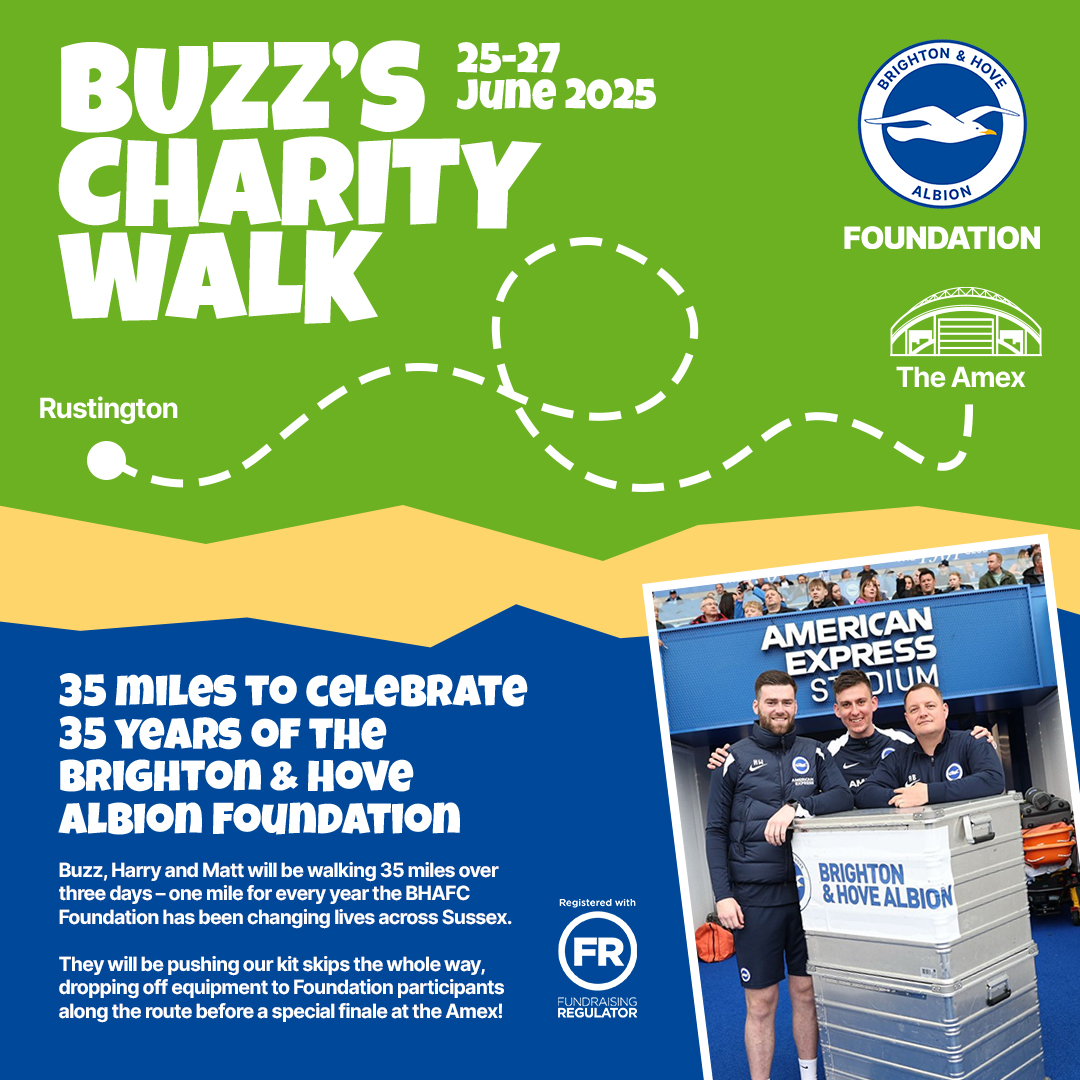 OfficialBHAFC's tweet photo. Buzz's charity walk, which will raise money to celebrate the amazing @BHAFCFoundation and their 35th anniversary, takes place this month! 💙🤍