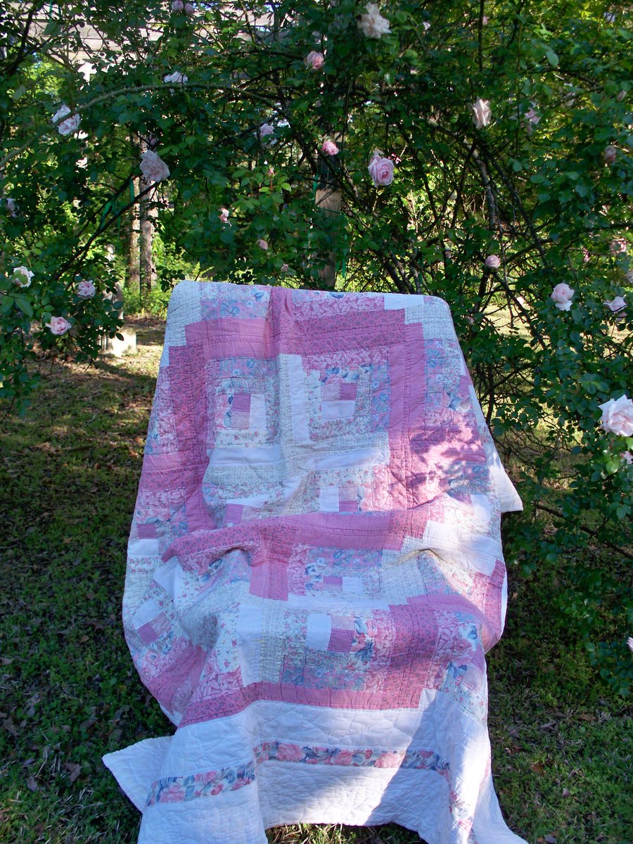 My New Dawn rose climber and a beautiful quilt my mother made. #SouthernGarden #mygarden #HeirloomQuilt #rosearbor