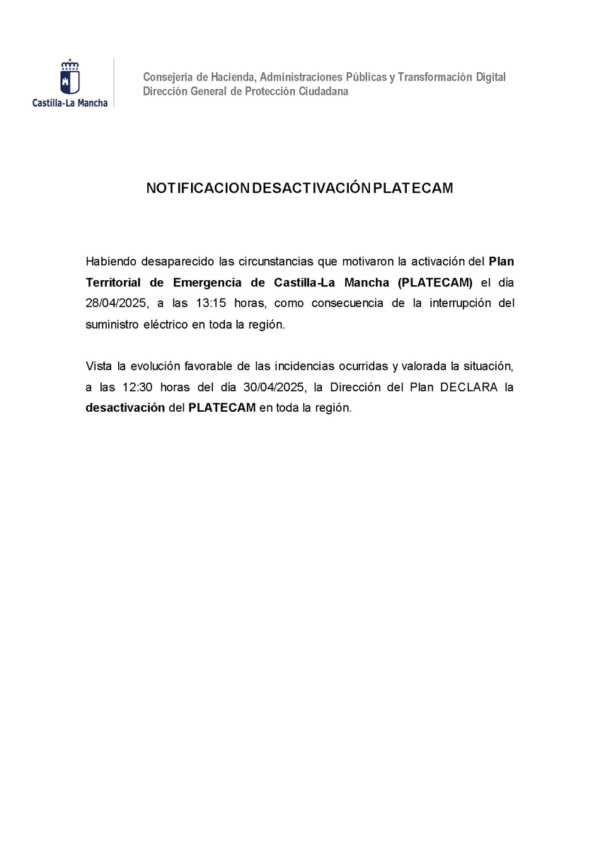 AytoConsuegra's tweet image. 📣 @gobjccm 

🚨 A las 12:30 horas  se ha DESACTIVADO el PLATECAM en toda la región.

✅ Los motivos han sido la evolución favorable 👍de la situación, el restablecimiento del suministro eléctrico y la recuperación de la normalidad.

#112clm #apagon #platecam #Apagón #CLM