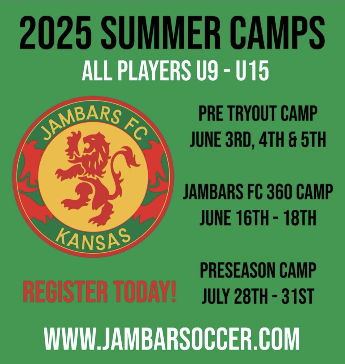 Summer Camp Registrations Now Open

Our fantastic lineup of summer camps is now open for registration. Explore all the camp options and secure your spot today at our registration page: jambarsoccer.com/registrations. We can't wait to see you on the field!