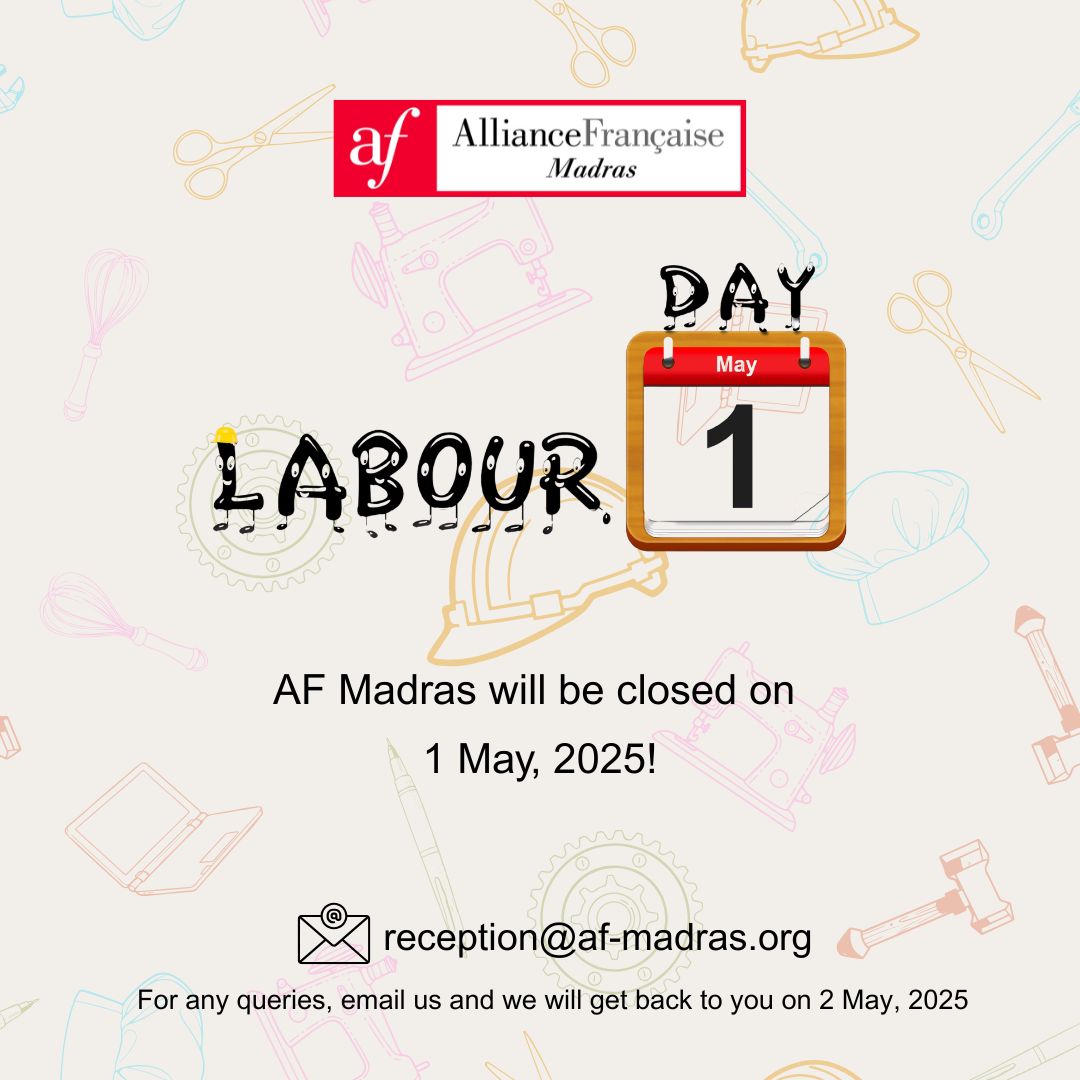 AFMadras (@afmadras) on Twitter photo AF Madras will be closed for Labour day tomorrow 1 May, 2025!
For any queries, email us and we will get back to you on the next working day.
reception@af-madras.org
#afmadras #ʜᴀᴘᴘʏʟᴀʙᴏᴜʀᴅᴀʏ #LabourDay2025 #closedforholiday AF Madras will be closed for Labour day tomorrow 1 May, 2025!
For any queries, email us and we will get back to you on the next working day.
reception@af-madras.org
#afmadras #ʜᴀᴘᴘʏʟᴀʙᴏᴜʀᴅᴀʏ #LabourDay2025 #closedforholiday