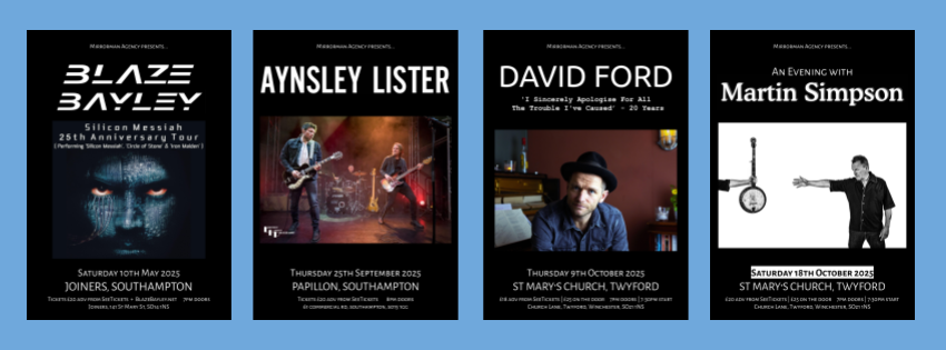 🌞#Livemusic #Hampshire   

Sat 10 May: <a href="/realblazebayley/">blazebayleyofficial</a> <a href="/joinerslive/">The Joiners</a> #Soton
Thurs 25 Sept: <a href="/AynsleyLister/">Aynsley Lister</a> (full band show) Papillon #Southampton
Thurs 9 Oct: <a href="/davidfordisdead/">david ford</a> St Mary's Church, Twyford 
Sat 18 Oct: <a href="/msimpsonian/">Martin Simpson</a> St Mary's Church, Twyford

🎟️seetickets.com/promoter/mm/20…
