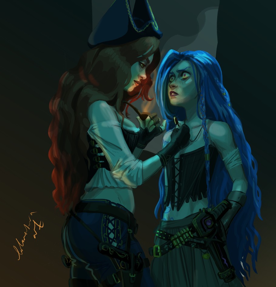 DPATS chapter four ooooooh that gay panic! Made Miss Fortune a wee bit curvier because I do what I like, and Jinx has some 18th century stays because also I do what I like. Thank you for the food <a href="/jinxedbypow/">Juli❁</a>