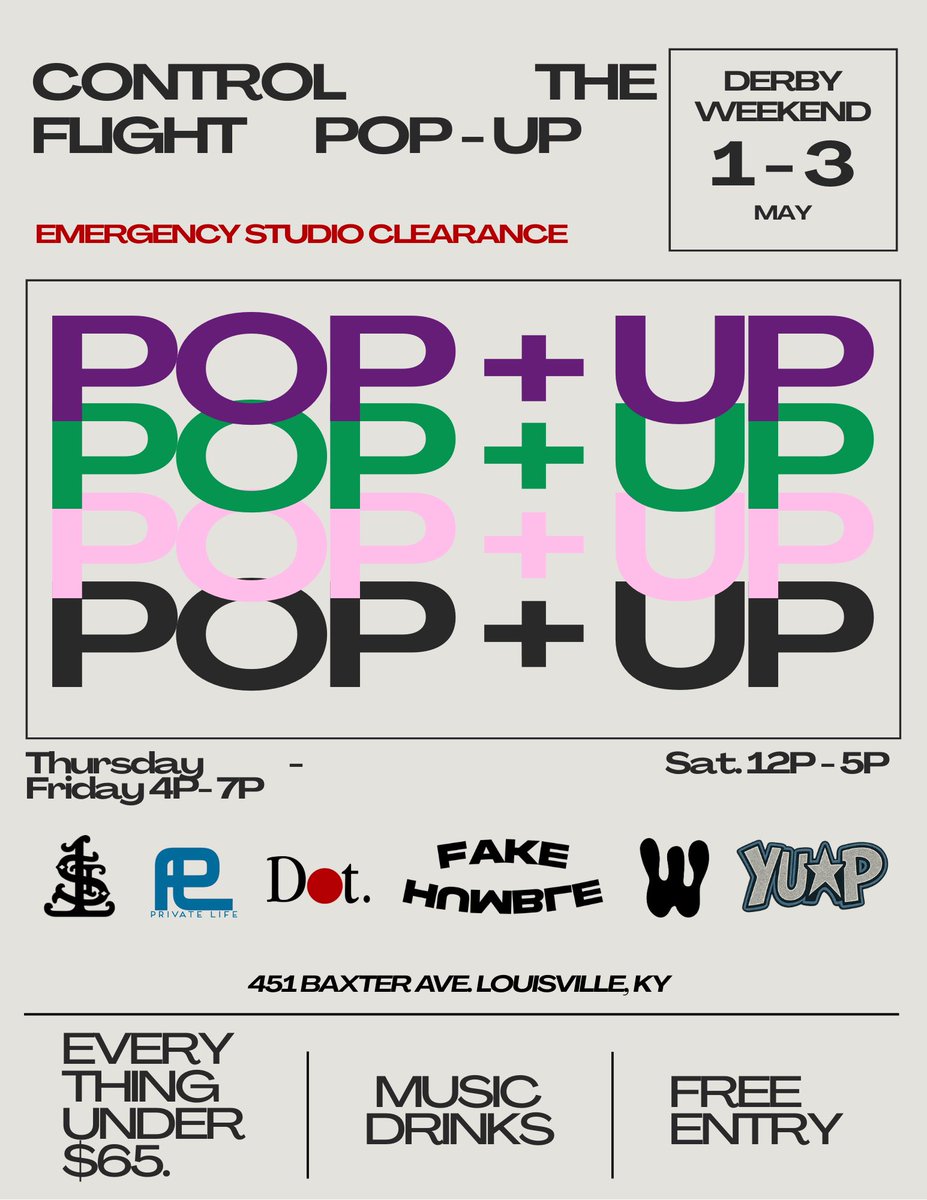 WTSBRAND's tweet photo. Emergency Studio Clearance.
Everything Under $65.
Pull up May 1–3 at Control The Flight.
Good music, good drinks, good people.
No tickets, no pressure — just tap in.

451 Baxter Ave, Louisville, KY
Limited pieces. First come, first served.

By Us = Buy Us😉 https://t.co/Mjg5cx4NNu