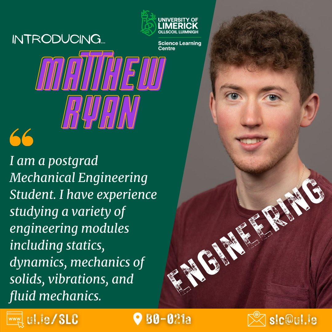 Next up we have #Jishnu and #Matthew covering #Biology (last session this week) and #Engineering this afternoon at the Drop-in Centre. Pop in anytime between 14:00-16:00 to avail of free academic support in related modules! #UL #university #unilife #peersupport #science
