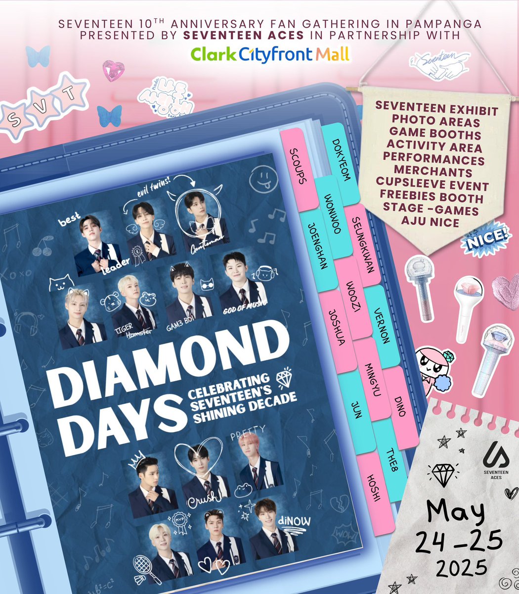 seventeen_ACEs's tweet photo. 𝘿𝙞𝙖𝙢𝙤𝙣𝙙 𝘿𝙖𝙮𝙨: 𝘼 𝙡𝙤𝙤𝙠 𝙗𝙖𝙘𝙠 𝙩𝙤 𝙎𝙚𝙫𝙚𝙣𝙩𝙚𝙚𝙣’𝙨 𝙨𝙝𝙞𝙣𝙞𝙣𝙜 𝙙𝙚𝙘𝙖𝙙𝙚 💎

📍Clark Cityfront Mall 
🗓️ May 24-25, 2025
⏱️ 11am-5pm

Available at [https://t.co/LnBOonzDle]
Pre-registration with gift:
- April 30 until May 3
Regular registration:
- May 4 until May 10
Payment terms: 
- atleast 50% downpayment to secure slot
- rembal until May 16, 2025

Follow us for future announcements ✨
X: @seventeen_ACEs 
Facebook: Seventeen Aces
Instagram: @seventeen_aces
Tiktok: @seventeen_aces

Follow Clark Cityfront Mall on their social media accounts✨
Facebook: Clark Cityfront Mall
Instagram: @clarkcityfrontmall
Tiktok: @clarkcityfrontmall

See you carats, join us in celebrating this milestone together with carats and Seventeen 💎

#SVTenShiningYears 
#ACESxCCFM #ACESxClarkCityfrontMalll