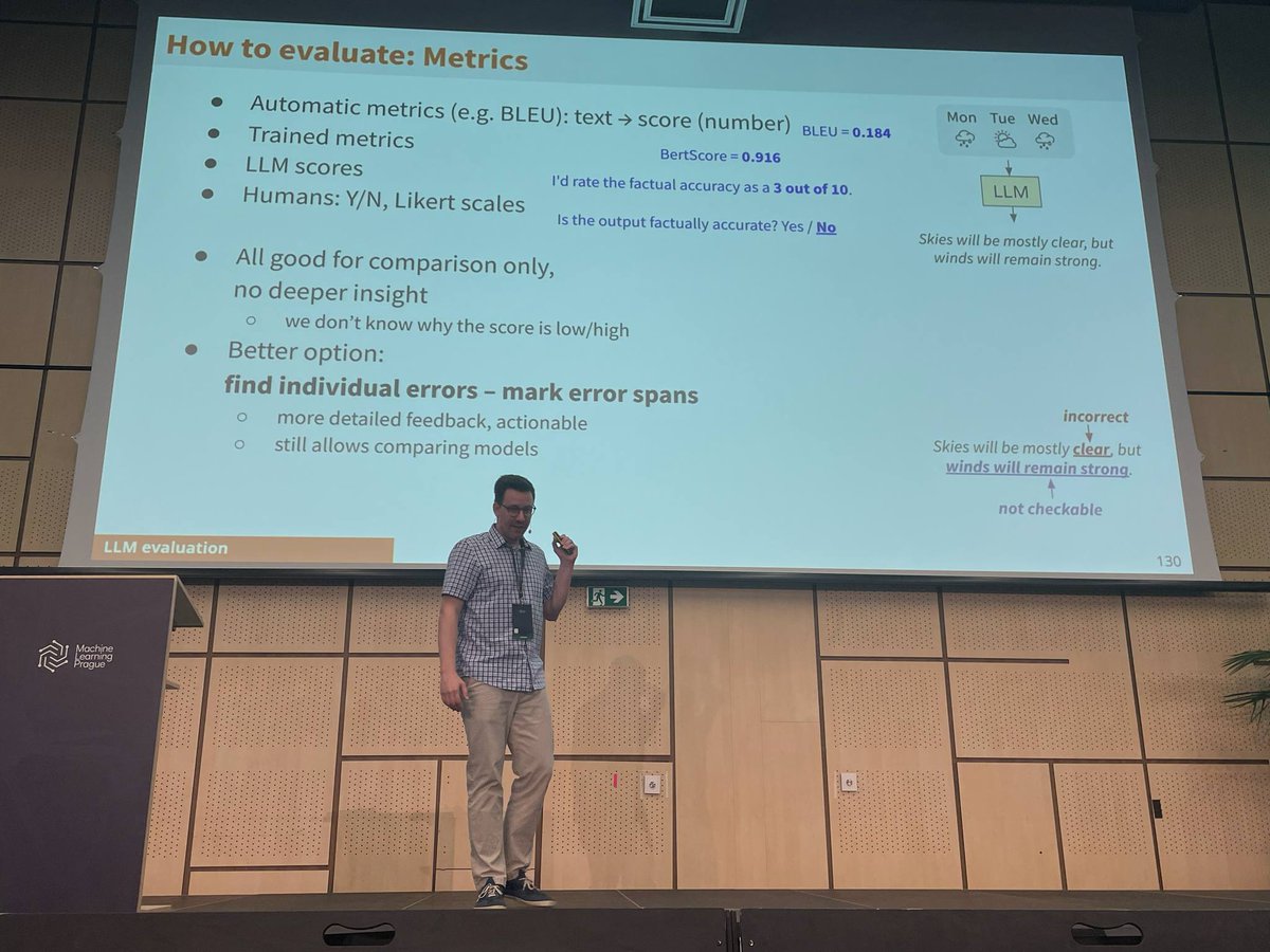 ⭐ Today at #mlprague - Afternoon talks

▪️ Evaluating LLM outputs with humans and LLMs

Ondrej Dusek has tackled how to effectively evaluate LLM outputs on text generation tasks. He has introduced an efficient human annotation framework and schema, and presented a new metric