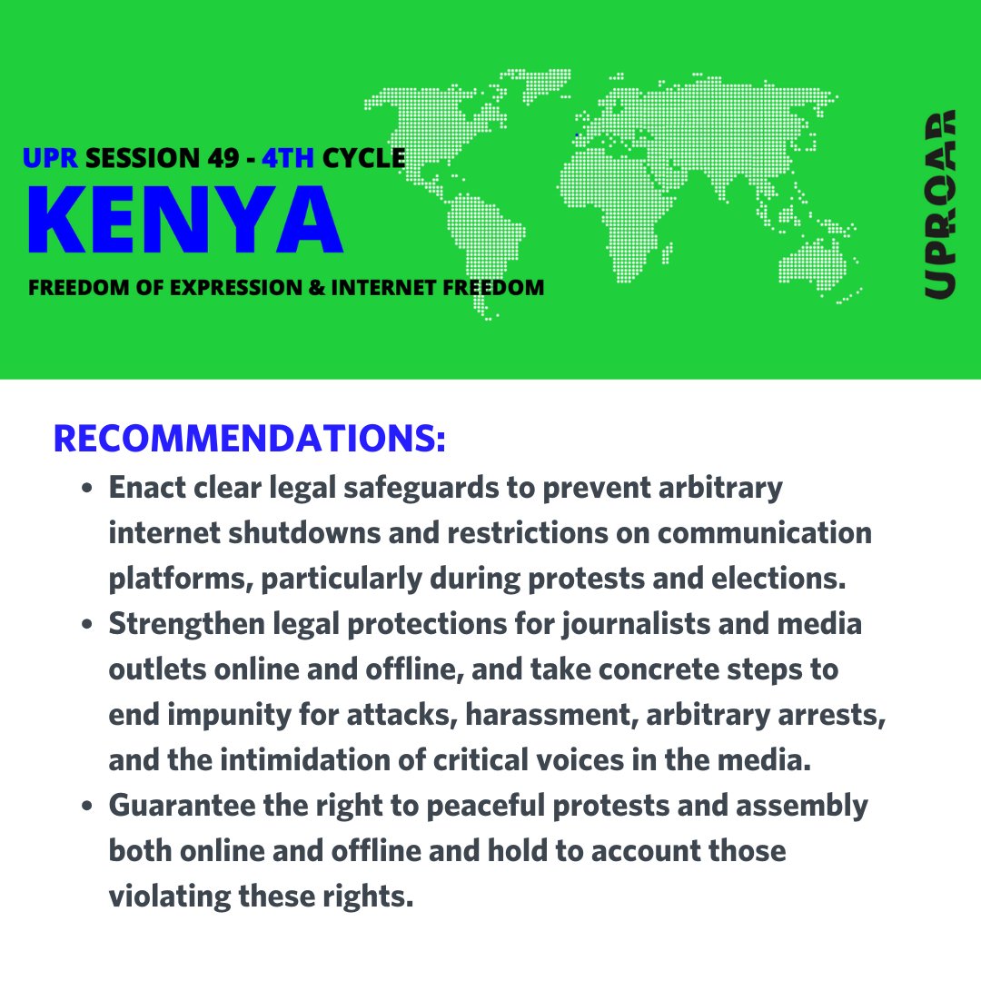 🇰🇪 Kenya will be reviewed today at #UPR49

⏰ 9:00- 12:30 CET / 8:00 - 11:30 GMT ⏰

webtv.un.org/en/asset/k1i/k… 

👆 Follow along via the link above and see what digital rights recommendations we would like to see made below 👇