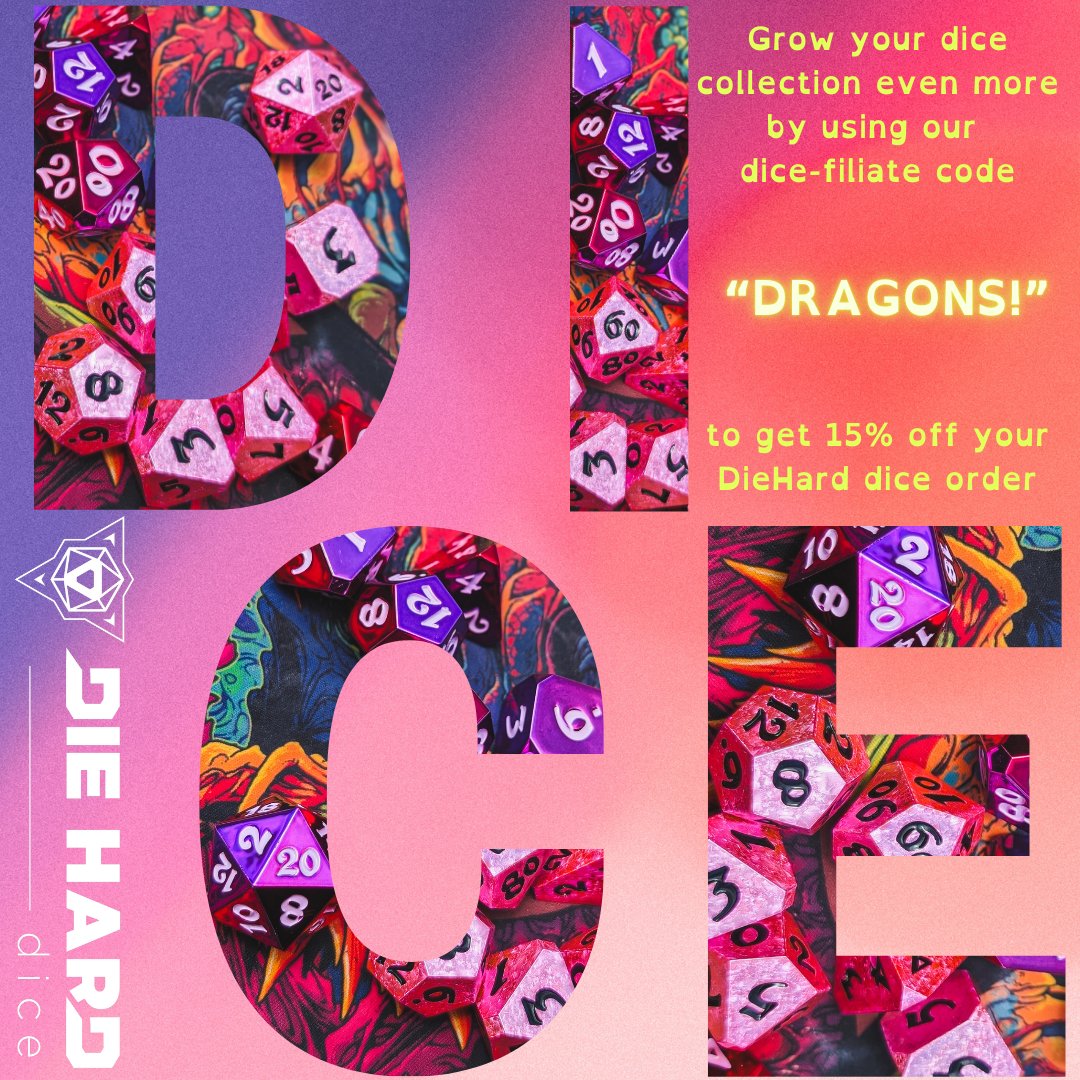🆕🔥Greetings, Adventurers!🔥🆒 (@dndpodcast) on Twitter photo you deserve a little treat and what better than some new dice?! Use our code "DRAGONS!" <a href="/dieharddice/">Die Hard Dice</a>.bsky.social to get 15% off your order 💚
bit.ly/DieHardDiceDra… you deserve a little treat and what better than some new dice?! Use our code "DRAGONS!" <a href="/dieharddice/">Die Hard Dice</a>.bsky.social to get 15% off your order 💚
bit.ly/DieHardDiceDra…