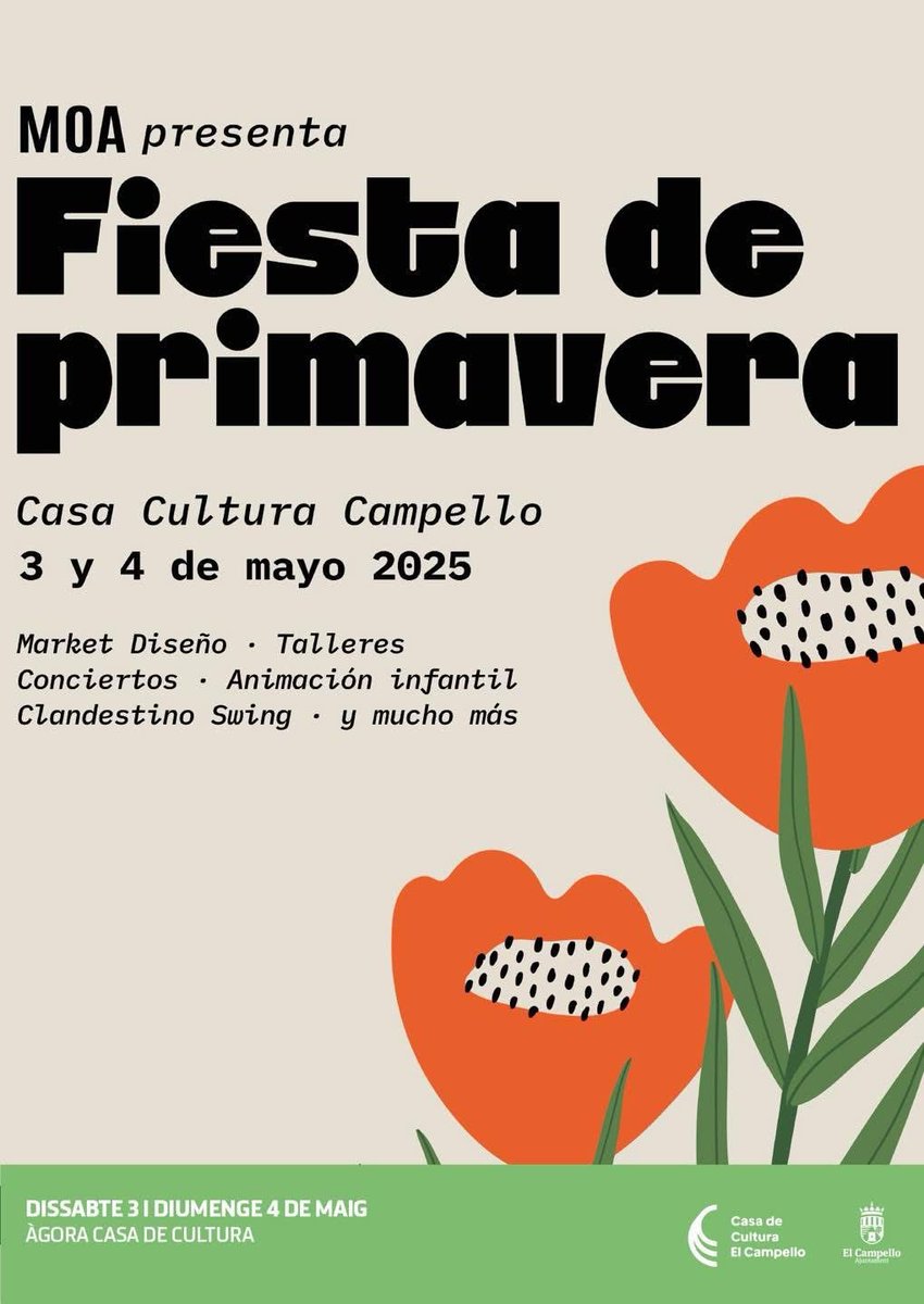 ElCampelloAyto's tweet photo. ¡Llega la primavera a El Campello con arte, música y creatividad! 🌷🌸🌺
MOA - Fiesta de la Primavera
3 y 4 de mayo | Ágora, Casa de Cultura
Market, talleres, conciertos y actividades para peques.
Entrada libre. 
¡No te lo pierdas! https://t.co/EalbRkrFKI