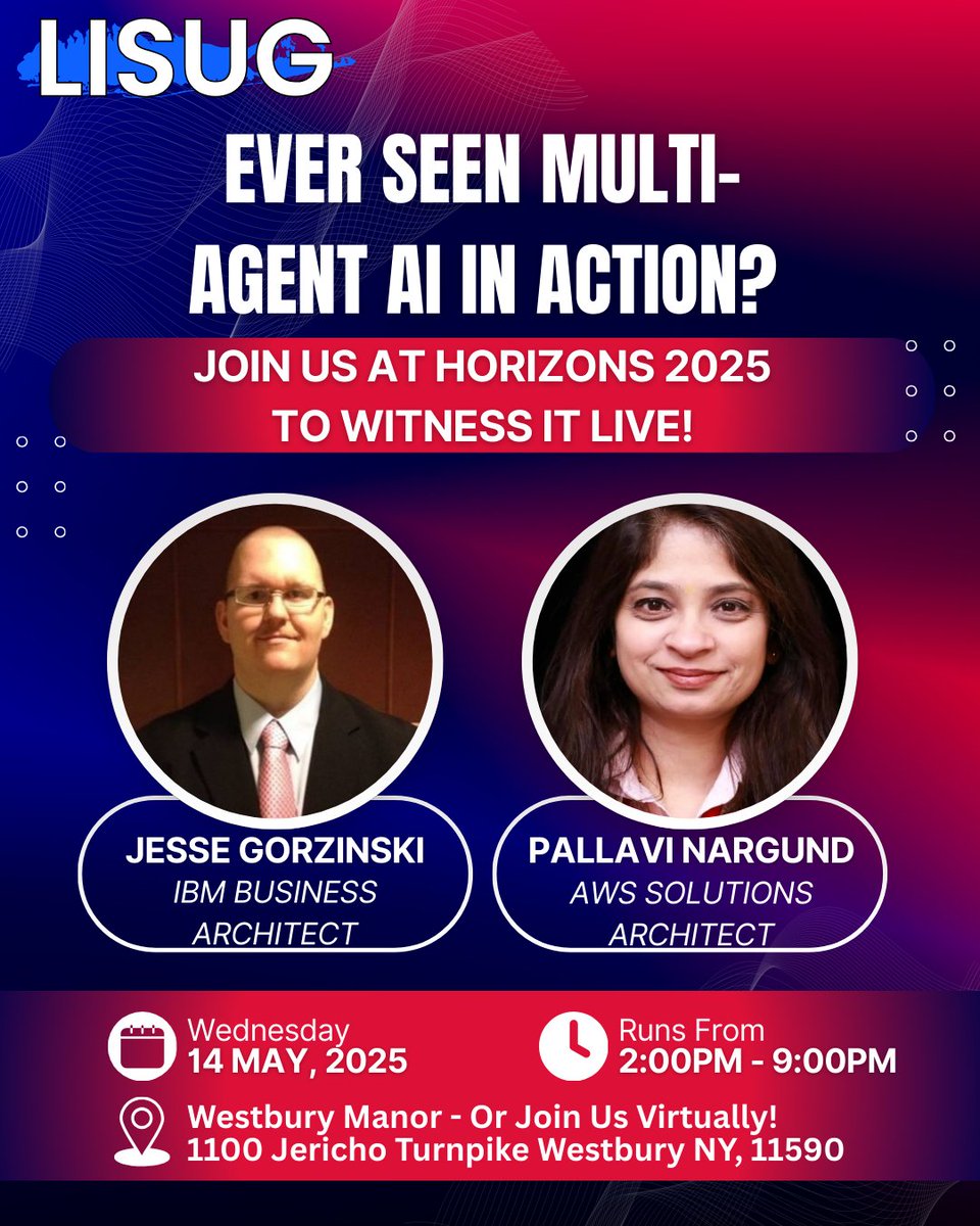 LISUG_Official's tweet image. Join us as we explore the frontier of Multi-Agent AI - where intelligent systems collaborate, negotiate, and learn together.
#Horizons2025 #MultiAgentAI #LISUG #AIInnovation #FutureOfAI #ArtificialIntelligence #IBM #ibmi