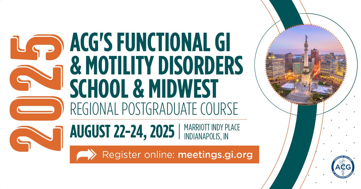 ACG (@amcollegegastro) on Twitter photo Registration is open for ACG’s 2025 Functional GI & Motility Disorders School & Midwest Regional Postgraduate Course!
August 22-24 in Indianapolis, IN
➡️ gi.org/2025midwest
<a href="/dbrennerGIMD/">Darren Brenner MD</a> <a href="/BMoshiree/">Baha Moshiree MD, MSci, FACG, AGAF</a> <a href="/kehutchins77/">Katie Hutchins, MD</a> Registration is open for ACG’s 2025 Functional GI & Motility Disorders School & Midwest Regional Postgraduate Course!
August 22-24 in Indianapolis, IN
➡️ gi.org/2025midwest
<a href="/dbrennerGIMD/">Darren Brenner MD</a> <a href="/BMoshiree/">Baha Moshiree MD, MSci, FACG, AGAF</a> <a href="/kehutchins77/">Katie Hutchins, MD</a>