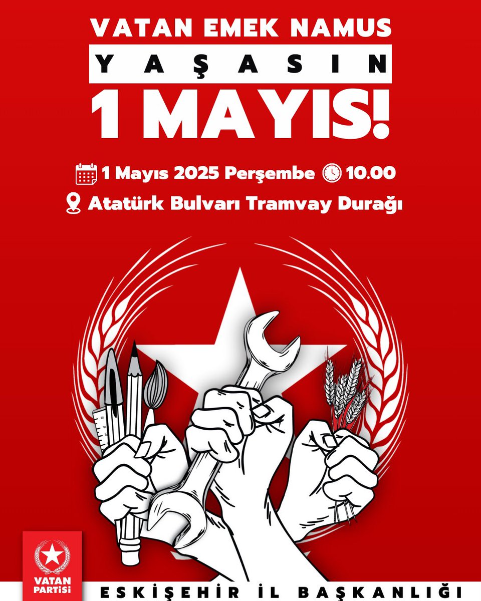VatanPartisi26's tweet photo. Sömürü düzeni son bulacak.
Emekçi baş tacı olacak!

1 Mayıs’da Vatan - İş - Ekmek Atatürk Bulvarı’dayız.

Türk bayrağını al gel, beraber yürüyelim!🇹🇷

#1Mayıs #VatanPartisi #Eskişehir #VatanPartisiEskişehir #Emek https://t.co/w8eKejoKsq