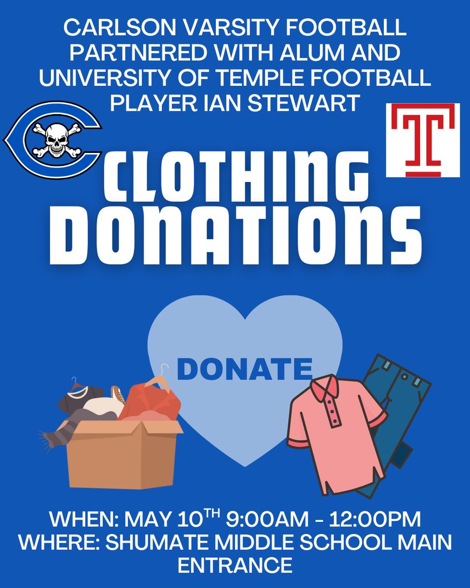 Super excited to partner with <a href="/CHSMarauderFB/">Marauder Football</a> to host a clothing drive May 10th at the entrance of Shumate middle school. Can’t wait to give back to this city that has done so much for me❤️ come out &amp; give back!