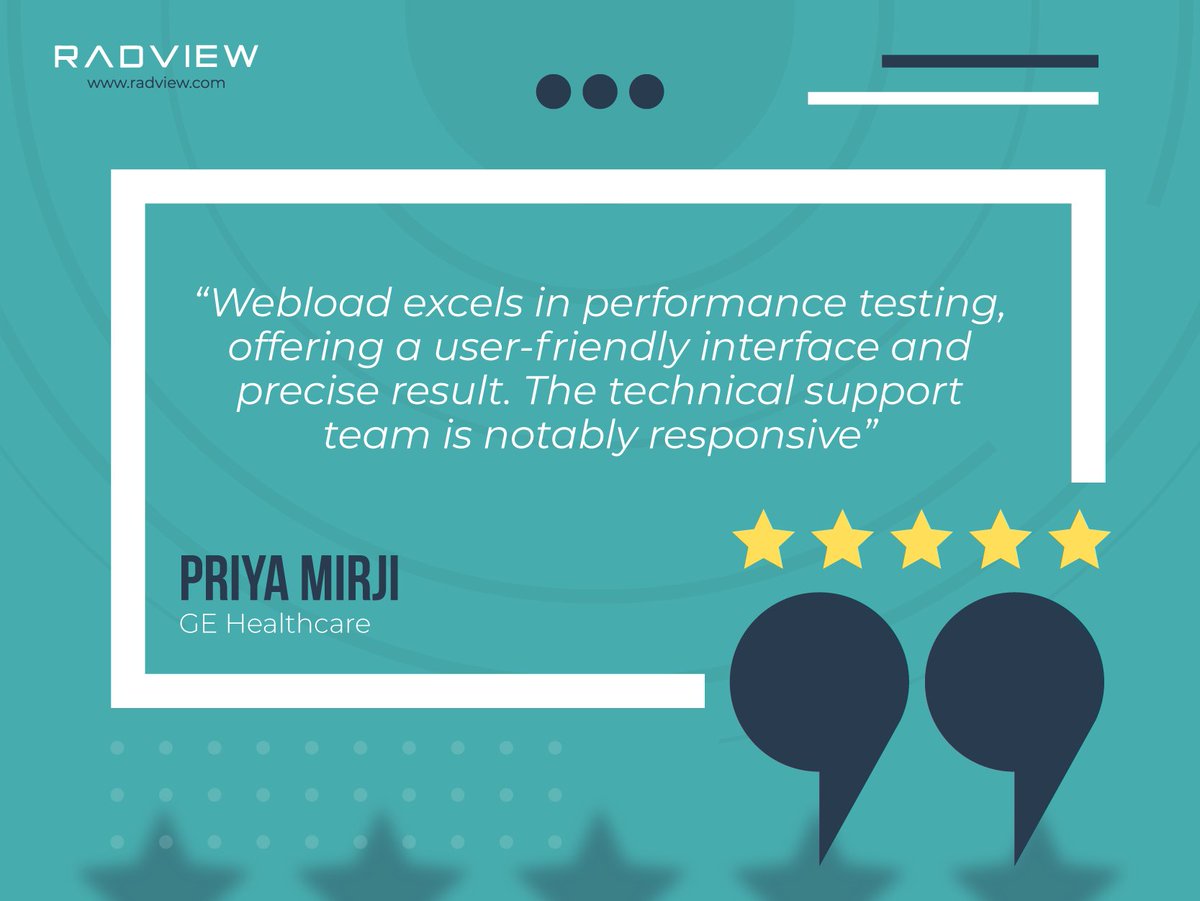 RadViewSoftware's tweet image. 💬 "WebLOAD is a game-changer!" 💬
"User-friendly, precise results, and top-notch support!" – Priya Mirji, GE Healthcare. 🔥
Discover why WebLOAD is trusted by top companies: radview.com
#WebLOAD #PerformanceTesting #GEHealthcare #RadView