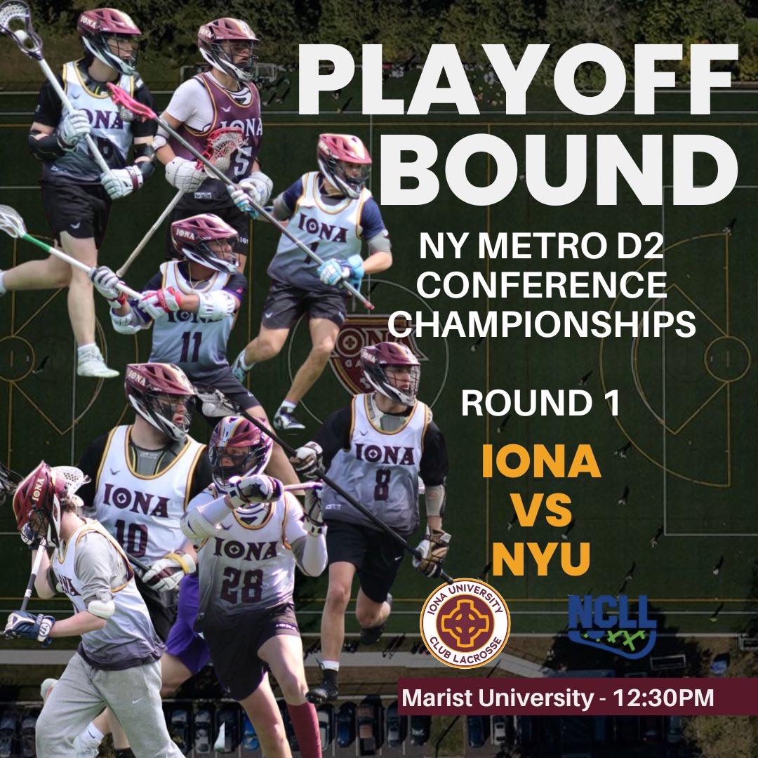 Championship Sunday is set‼️
We’re heading to Marist University for the NCLL NY Metro Division 2 Conference Championships this Sunday, May 4th.

Round 1:
IONA vs NYU
12:30 PM | Tenney Stadium

Winner moves on to face Marist or Quinnipiac for the title 🏆