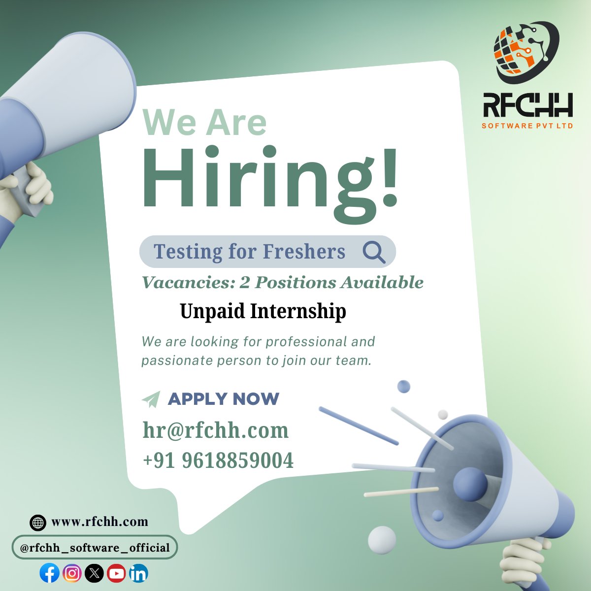rfchhsoftware's tweet image. 🎯 We&apos;re Hiring Freshers!
Kickstart your tech career with a Testing Internship at RFCHH Software Pvt. Ltd. 
💼 Role: Testing for Freshers
📩 Apply Now
📧 hr@rfchh.com
📞 +91 9618859004
🌐 rfchh.com #RFCHHSOFTWARE #RFCHHHIRING #SoftwareTesting #InternshipOpportunity