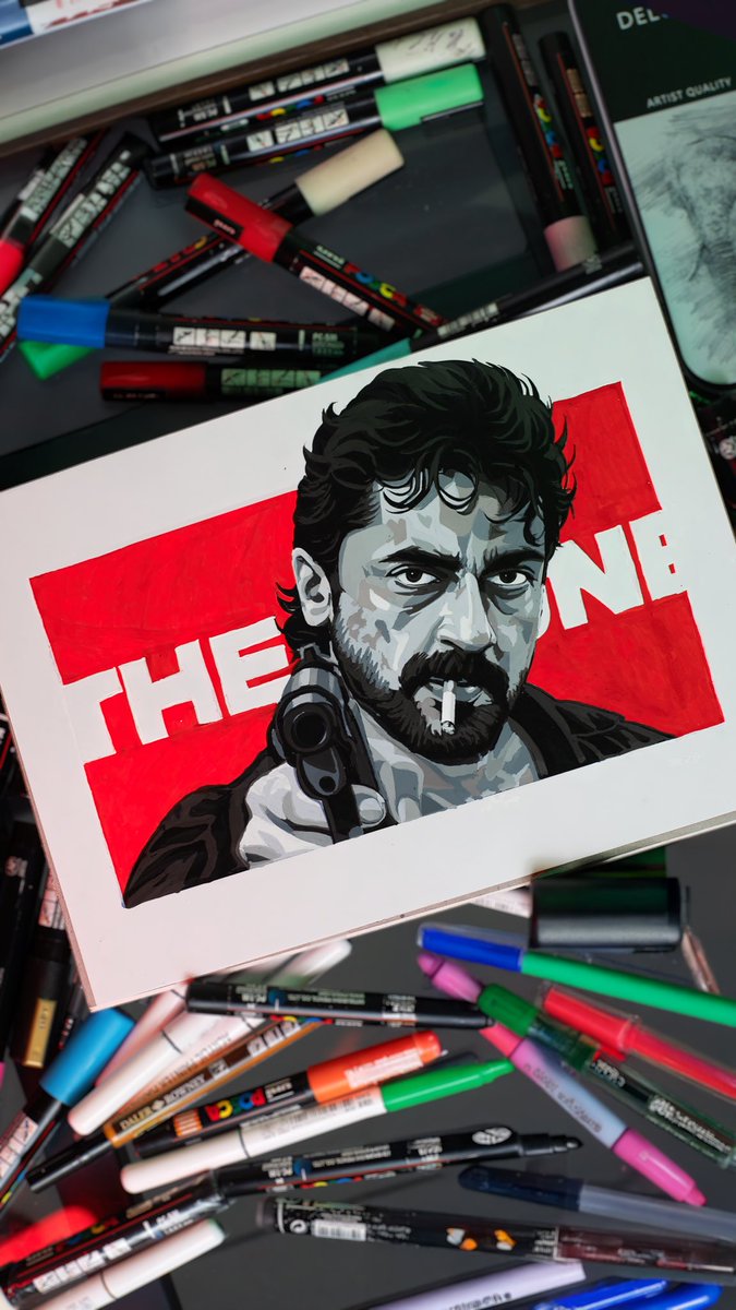 Created a #retro-themed marker artwork today! Being a fan of <a href="/Suriya_offl/">Suriya Sivakumar</a> sir since the first film I watched has truly been a gift. I’ve sketched him many times, and it’s always his eyes that bring my portraits to life. Super excited to watch Retro tomorrow! #suriya #retro ❤️‍🔥👑