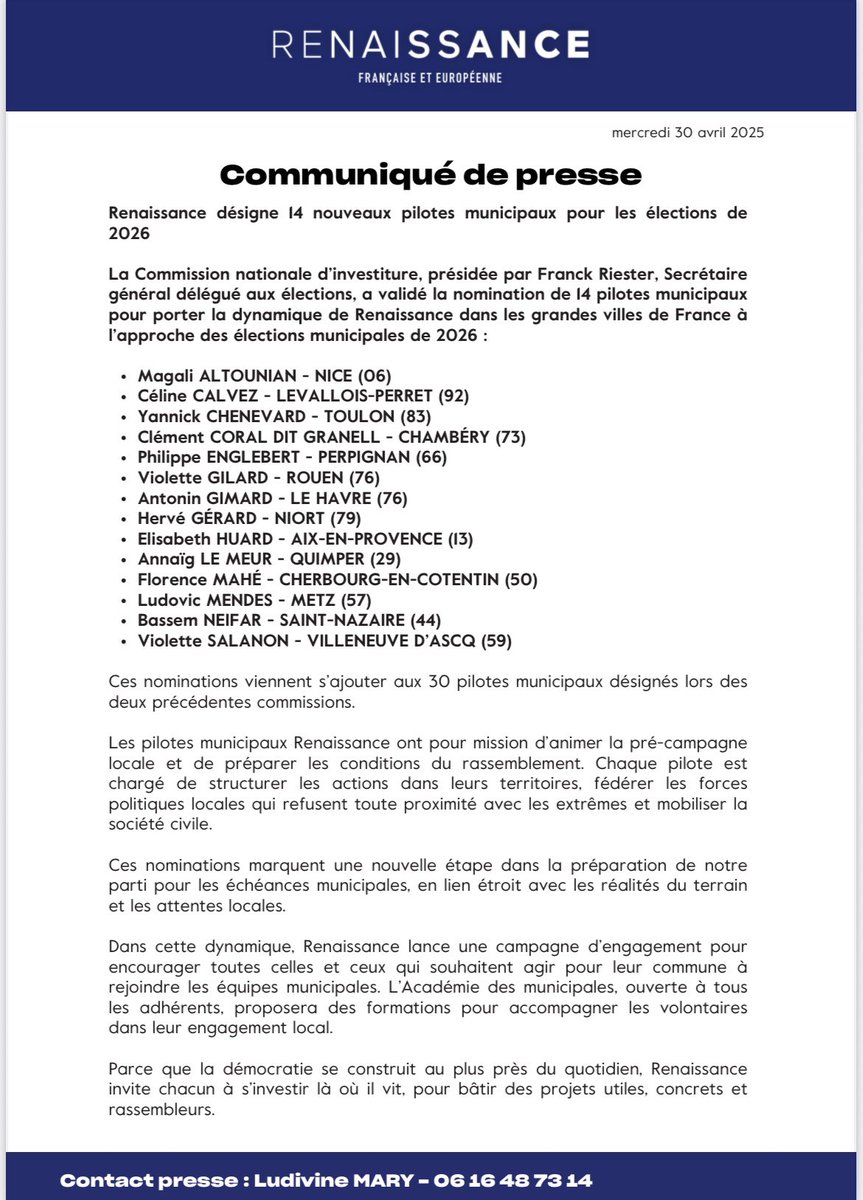Magali Altounian (@magalialtounian) on Twitter photo Fière d’avoir été désignée par la Commission nationale d’investiture de <a href="/Renaissance/">Renaissance</a> comme pilote pour les élections municipales à #Nice06.
Une mission de proximité et de rassemblement au service des Niçois, Niçoises et du territoire.
#Municipales2026 Fière d’avoir été désignée par la Commission nationale d’investiture de <a href="/Renaissance/">Renaissance</a> comme pilote pour les élections municipales à #Nice06.
Une mission de proximité et de rassemblement au service des Niçois, Niçoises et du territoire.
#Municipales2026