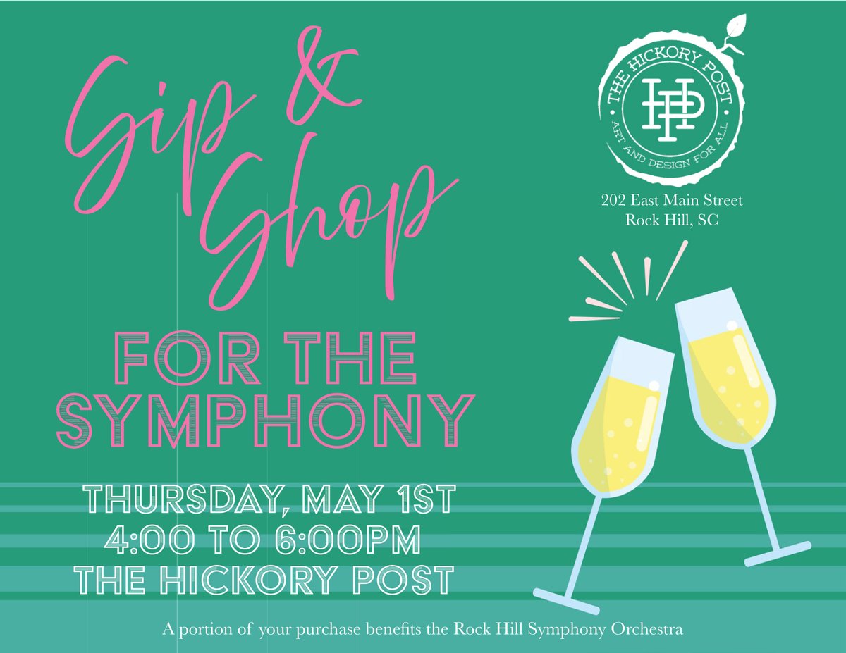 It’s Almost Time to Sip &amp; Shop!
Join us at The Hickory Post for an afternoon of wine, shopping, and community—all for a great cause!
🛍️ Browse local vendors
🍷 Enjoy refreshments
🎶 Support the Rock Hill Symphony Orchestra with every purchase