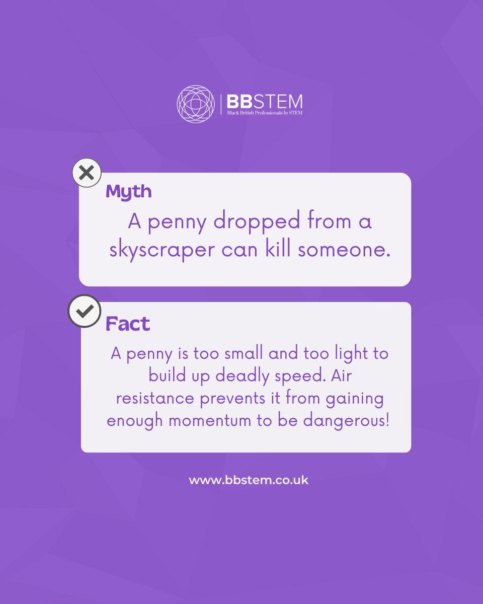 Can a penny dropped from a skyscraper kill you? Myth busted! It’s too small and light to reach deadly speeds—air resistance keeps its fall to ~25 mph. Might sting, but it won’t cause serious harm. #MythBusting #STEMFacts #BBSTEM #STEMEducation