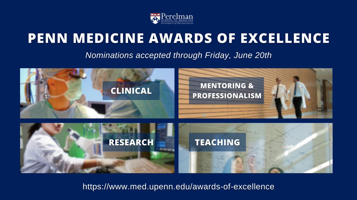 Penn Medicine CSO (@pennmedcso) on Twitter photo #ICYMI: Nominations for the <a href="/PennMedicine/">Penn Medicine</a> Awards of Excellence, which recognize our faculty's exceptional achievements in mentoring, professionalism, research & clinical work, are open through Friday, 6/20! Learn more➡️ bit.ly/3yAaduR #PSOMAOE #ICYMI: Nominations for the <a href="/PennMedicine/">Penn Medicine</a> Awards of Excellence, which recognize our faculty's exceptional achievements in mentoring, professionalism, research & clinical work, are open through Friday, 6/20! Learn more➡️ bit.ly/3yAaduR #PSOMAOE
