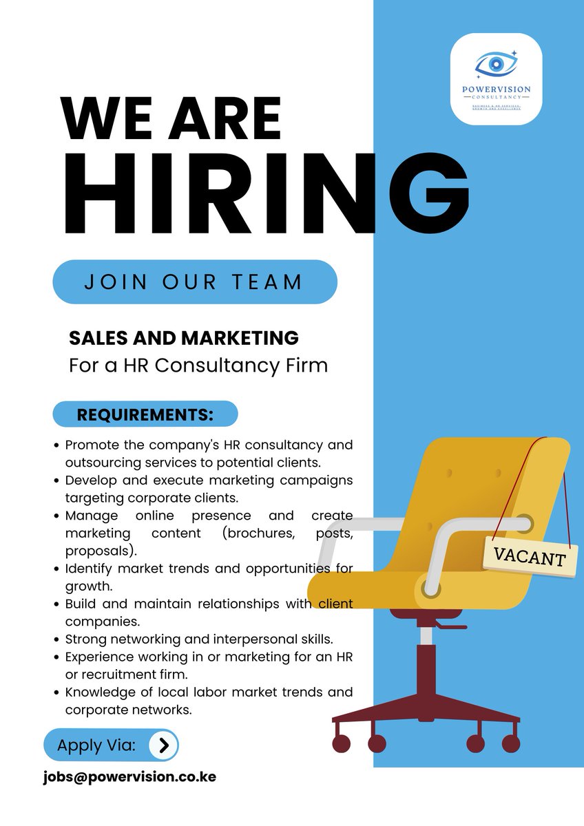 PowervisionC's tweet photo. Are you a sales and marketing guru? Now is your time to shine! If you have a passion for sales and a strong understanding of the HR landscape, we would like to hear from you.
#ikokazike #Powervisionconsultancy #hiring https://t.co/qYYDXSaTnK