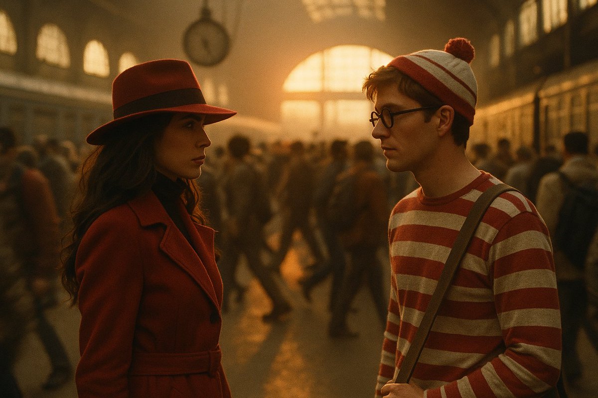 misskatanne's tweet photo. Carmen Sandigo meets Waldo in a crowded train station. What is happening in this photo? 
#carmensandiego #whereswaldo https://t.co/3pb3FCjFgy