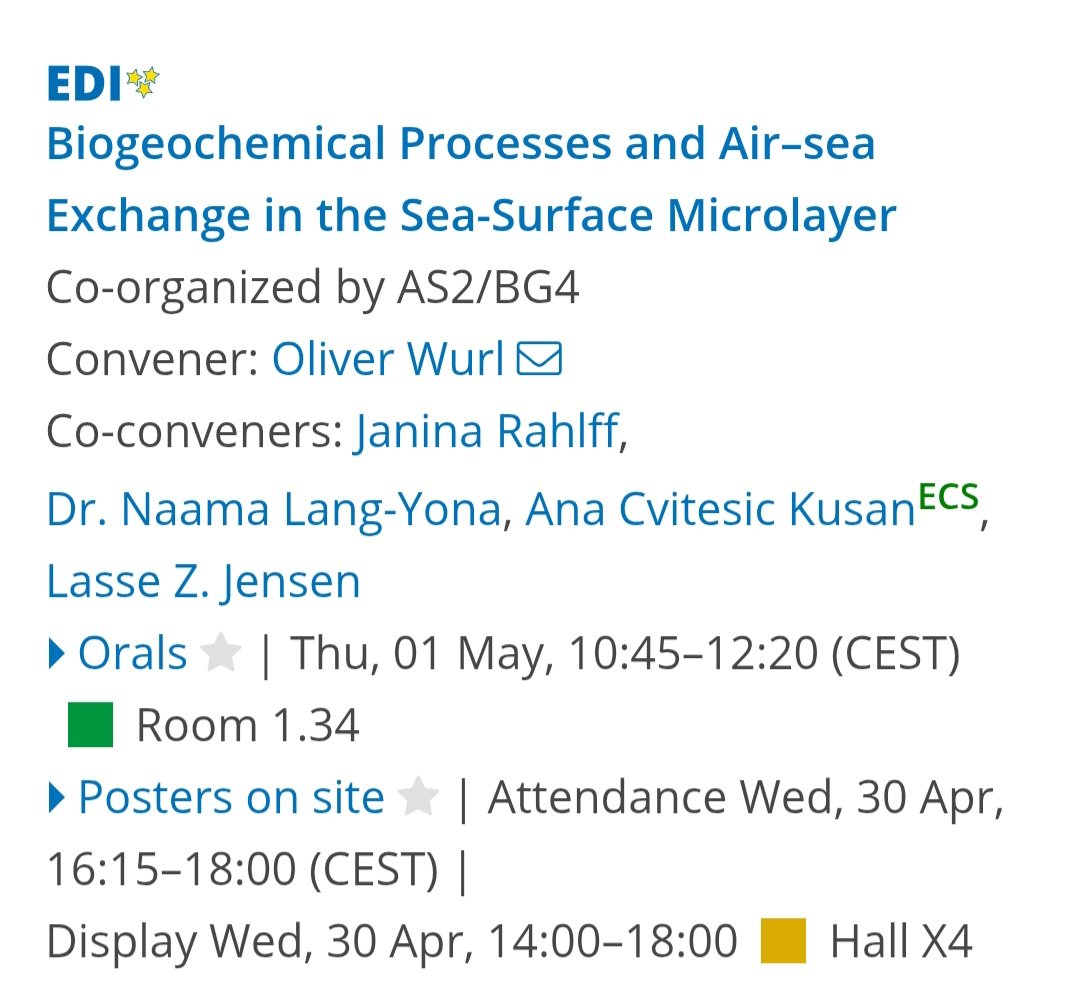 BASS_UOL's tweet photo. We’ve got a dedicated session on the Sea-Surface Microlayer (SML) at #EGU25!
Join us for posters today and talks tomorrow in Session OS3.1: 
Explore the latest on SML biogeochemistry, surfactants &amp; air–sea exchange!
#SML #Biogeochemistry #OceanScience #AirSeaExchange
#EGU2025 https://t.co/d1y7HzrsTQ