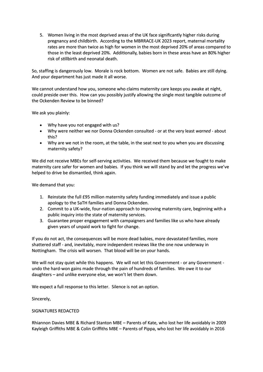 <a href="/wesstreeting/">Wes Streeting</a> <a href="/DHSCgovuk/">Department of Health and Social Care</a> <a href="/DOckendenLtd/">Donna Ockenden FRSA, Hon DLitt Hon DSci</a> Today's bitter betrayal is one in a long line for Kate, for Pippa and for ALL the SaTH maternity families. Here we spell it out and detail the required action. Have cc'd this to <a href="/Jeremy_Hunt/">Sir Jeremy Hunt MP</a>  and <a href="/DOckendenLtd/">Donna Ockenden FRSA, Hon DLitt Hon DSci</a> - but it's for <a href="/wesstreeting/">Wes Streeting</a> to respond. His silence is deafening.