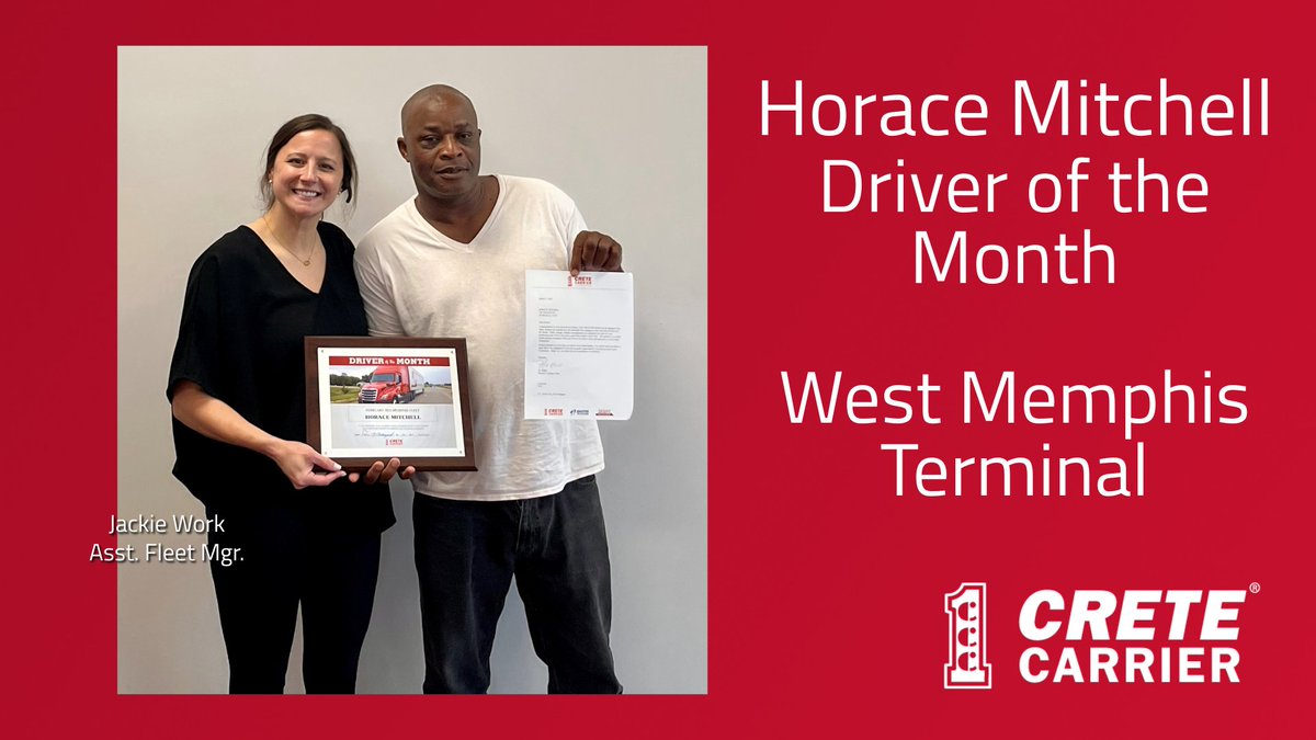 Horace Mitchell recently received his Driver of the Month award from Jackie Work at the West Memphis terminal. Congratulations Horace, and thank you for your commitment to safe, productive driving every time you get behind the wheel!