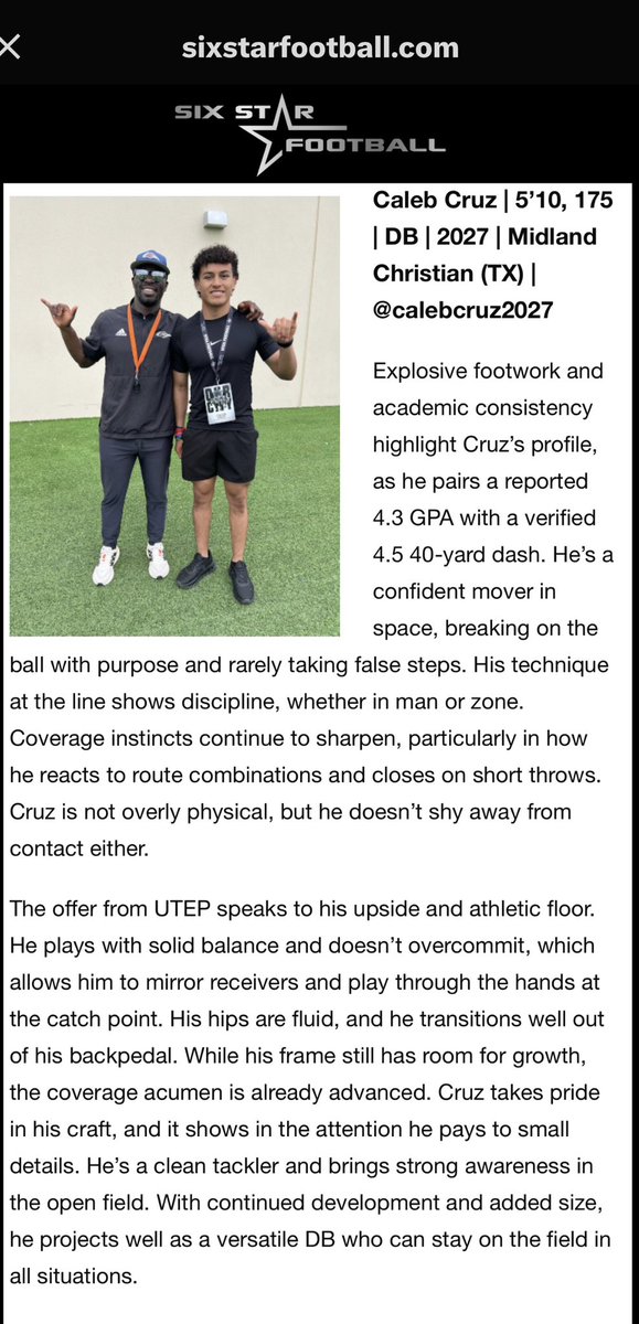 Caleb Cruz “Cruz Control” (@calebcruz2027) on Twitter photo Grateful for the recognition and article! Big season coming up 💯 <a href="/sixstarfootball/">Six Star Football | PLUS+</a> <a href="/MCSMustangFB/">Midland Christian Football</a>
<a href="/phil_dawson_4/">Phil Dawson</a> <a href="/StonedaleChris/">chris stonedale</a> <a href="/s_franco5/">Sergio Franco</a> <a href="/Garry_powell5/">Coach Powell</a> <a href="/CoachZackWells/">Zack Wells</a> <a href="/Dru_Dawson4/">Dru Dawson</a> <a href="/Legends_Jacob/">Jacob Morrison</a> <a href="/Marchen44/">On Da Marc Sports🏈</a> <a href="/Prep1USA/">PREP1</a> <a href="/ThePrideCoach/">David Hernandez</a> <a href="/TrustMyEyesO/">⭕️FFERTUNITY</a> <a href="/Coast2Coasttc/">Stephon Johnson Coach J</a> <a href="/CoachWhiteDB1/">Coach White</a> Grateful for the recognition and article! Big season coming up 💯 <a href="/sixstarfootball/">Six Star Football | PLUS+</a> <a href="/MCSMustangFB/">Midland Christian Football</a>
<a href="/phil_dawson_4/">Phil Dawson</a> <a href="/StonedaleChris/">chris stonedale</a> <a href="/s_franco5/">Sergio Franco</a> <a href="/Garry_powell5/">Coach Powell</a> <a href="/CoachZackWells/">Zack Wells</a> <a href="/Dru_Dawson4/">Dru Dawson</a> <a href="/Legends_Jacob/">Jacob Morrison</a> <a href="/Marchen44/">On Da Marc Sports🏈</a> <a href="/Prep1USA/">PREP1</a> <a href="/ThePrideCoach/">David Hernandez</a> <a href="/TrustMyEyesO/">⭕️FFERTUNITY</a> <a href="/Coast2Coasttc/">Stephon Johnson Coach J</a> <a href="/CoachWhiteDB1/">Coach White</a>