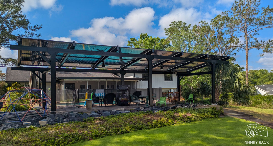 InfinityRack's tweet photo. Poolside + solar = 🔥

This 4X6 Infinity Rack Pergola in Florida (built by Solar Source) delivers shaded beauty &amp; high output.

Smart design. Maximum comfort. ⚡

#InfinityRack #SolarPergola #CleanEnergy #FloridaSolar #SolarDesign https://t.co/0P14y0yrPR