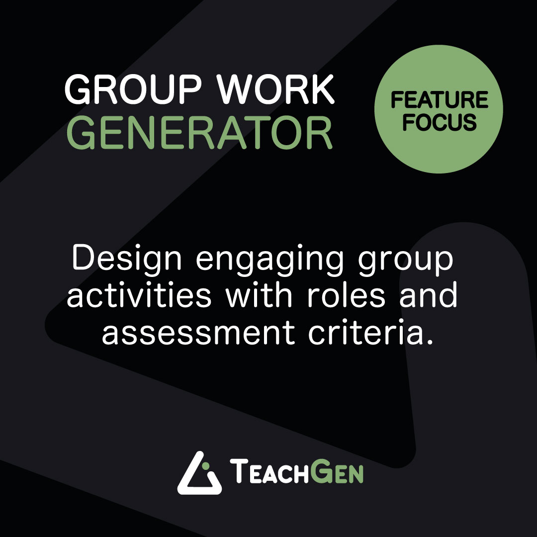 teachgen_ai's tweet image. 🚀 FEATURE FOCUS: Group Work Generator

Teachers, save time &amp;amp; boost engagement with Teachgen AI’s Group Work Generator!

✅ Auto-creates group activities
✅ Customisable by topic &amp;amp; ability
✅ Drives discussion &amp;amp; teamwork

🎉 Included in the FREE trial! teachgen.ai