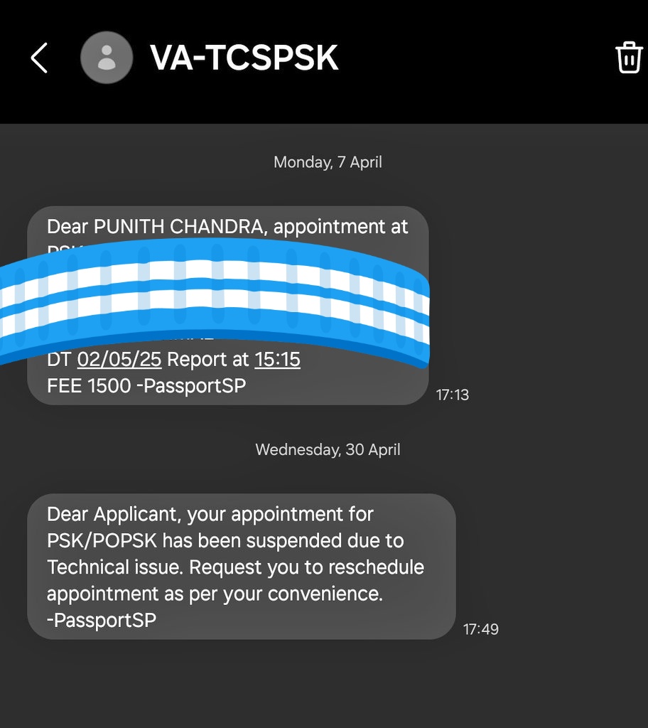 yaarig_gottu's tweet photo. Hi @passportsevamea 

I had passport appointment scheduled for May 2nd in Bengaluru RPO. I had booked this appointments on April 7th. Now, 1 day prior to the appointment, I received the text saying that appointment is suspended due to technical issue.
@DrSJaishankar @PMOIndia https://t.co/hORwxc17xY