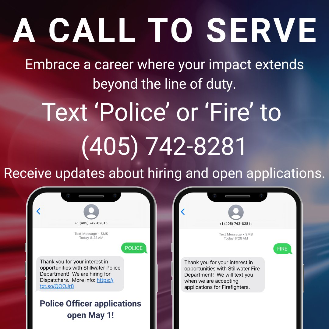 🚨 A call to serve: We’re hiring! 🚨
Stillwater Police Officer applications open tomorrow, May 1.
Want to stay in the loop on future openings?
📱 Text ‘Police’ or ‘Fire’ to (405) 742-8281 to get hiring alerts sent straight to your phone.

stillwaterok.gov/jobs