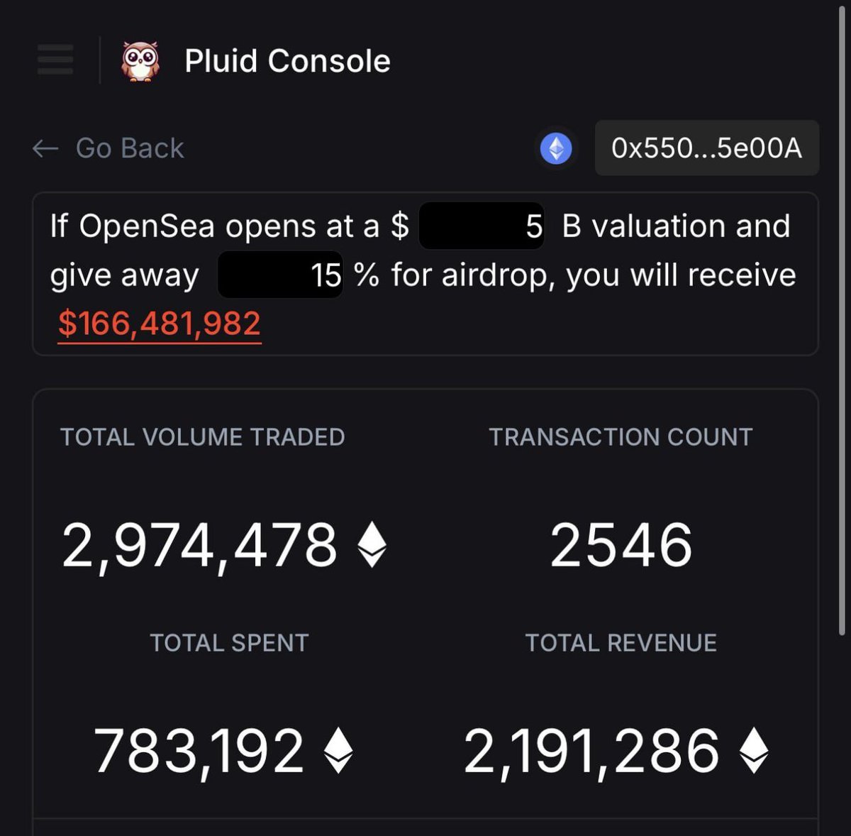 Cryptoverrse's tweet photo. BY👉 @tryPluid
Unofficial Opensea $SEA Airdrop Calculator

View your own address using the link below. Tag me in the tweet and we will retweet you.

🚨   https://t.co/LP9K85bIs4

If OpenSea opens at a $5B valuation and gives away 15% for airdrop: I will receive $166,481,982 
🌊 LMAO

- $CSWAP $JUP $POL $VET $ARB $ICP $RON