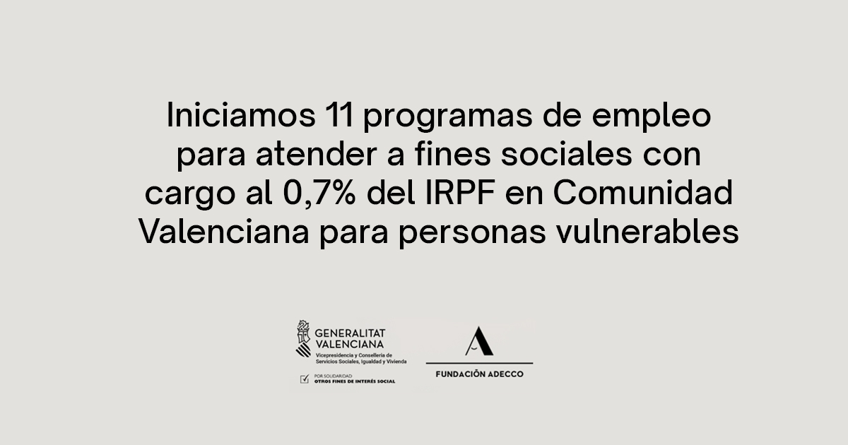 Fundación Adecco (@fund_adecco) on Twitter photo 11 programas de #empleo con el apoyo de <a href="/GVAIgualtat/">GVAIgualtat</a> para atender a fines sociales con cargo al 0,7% del IRPF en #ComunidadValenciana para personas:
En riesgo de exclusión
Con discapacidad
VIH
Migrantes
Mujeres vulnerables o víctimas de violencia de género
fundacionadecco.org/donde-estamos/… 11 programas de #empleo con el apoyo de <a href="/GVAIgualtat/">GVAIgualtat</a> para atender a fines sociales con cargo al 0,7% del IRPF en #ComunidadValenciana para personas:
En riesgo de exclusión
Con discapacidad
VIH
Migrantes
Mujeres vulnerables o víctimas de violencia de género
fundacionadecco.org/donde-estamos/…