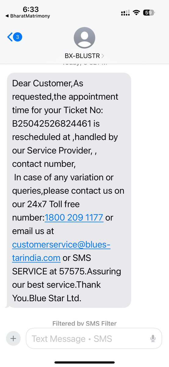 guptasc27's tweet photo. See the message sent by @BlueStarLtd @BlueStarCare. I have never requested to reschedule the appointment. The message leaves date, time, service provider and his contact number blank. Such an unprofessional attitude with no consideration for customer problems. https://t.co/Enju3N9j72