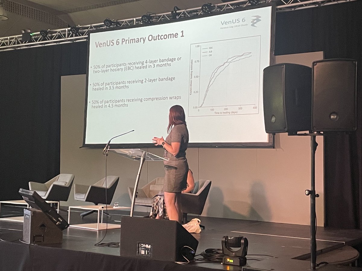 woundwitch63's tweet photo. How lucky are we! Privileged to be the first conference that the results from VenUS 6 have been shared with ๐ It concludes that VLU healing is slower if #compressionwraps are used. We need to be Optimising healing with evidence based compression options. https://t.co/gUYAXXKR4V