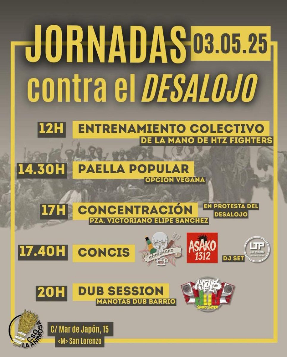 El sábado 3 de mayo, durante todo el día, nos vemos en el <a href="/CSOLaAnimosa/">CSO La Animosa</a> en unas jornadas que no son de despedida, porque el 7 no permitiremos que haya desalojo, sino para seguir construyendo poder popular en el barrio.

Nos vemos en las calles y en los espacios liberados.