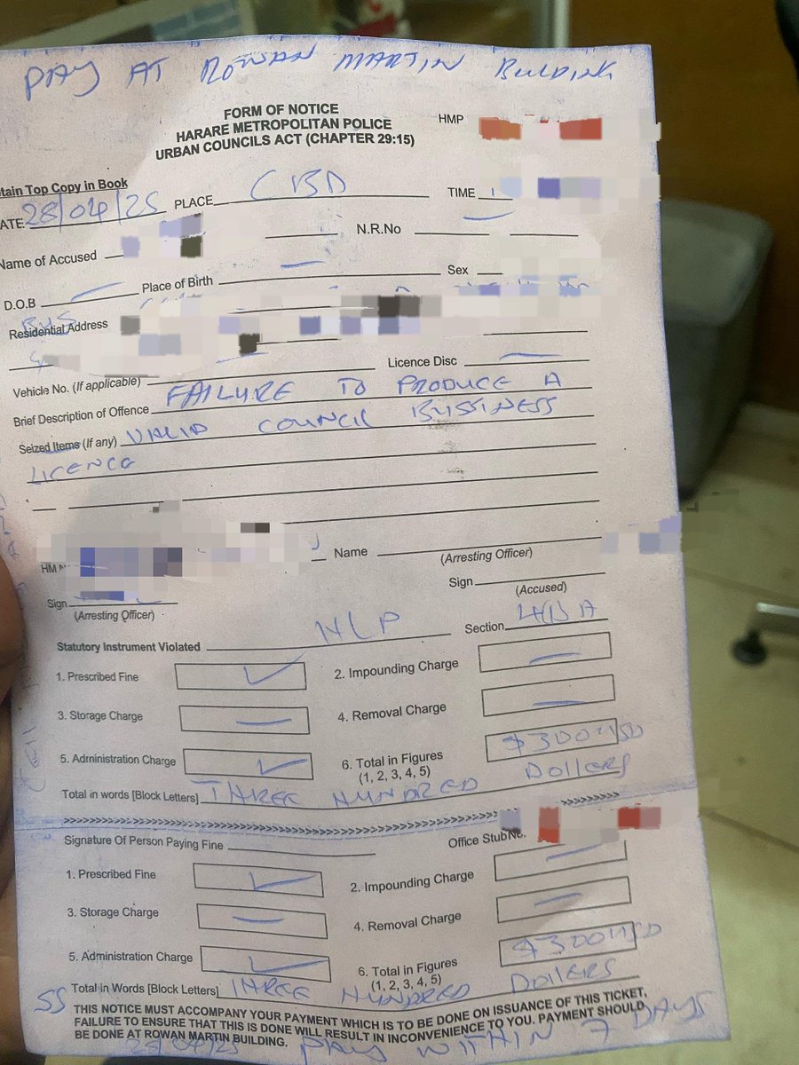CrimeWatchZW's tweet photo. Young Woman Fined US$300 by Council Officers Despite Holding a Valid License

A young woman has spoken out after being fined US$300 by city council officers, despite having a valid license to operate. She told @weleadteam that the fine was issued after she briefly stepped out of her shop, leaving a client inside who was unable to produce the license when questioned by officers.

She alleged that the officers also demanded a US$10 bribe from the client, who refused. In response, the officers issued a formal notice and imposed the US$300 fine on her instead.

Expressing her frustration, the woman highlighted the struggles of doing business in a slow economy with few sales. She reached out to a youth advocacy group for support, asking how young people are expected to survive under such unfair and oppressive conditions.

@JMafume 
@cityofharare2