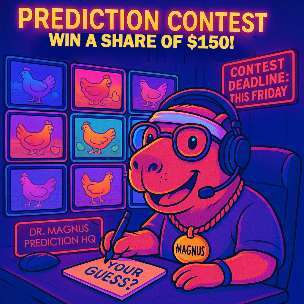 MagnusToken's tweet photo. Prediction Contest – Win a share of $150! 🐥 

Think you can predict how many chickens will be on screen? Time to put your guessing skills to the test!

🏆 3 winners with the closest guesses will be selected to split a $150 prize pool!

How to Play:

→ Watch the live stream:
https://t.co/ZIHrL3NXVr

→ Make your prediction:
Guess how many chickens or chicks will be visible on the screen by Friday at 11 AM UTC.

→ Be specific:
Take a screenshot of the live stream as your reference point. Accuracy matters!

→ Post it on X (Twitter):
Quote tweet the original contest post with your number prediction and include #magnuscontest

Let the chicken counting begin! 🐣🔢