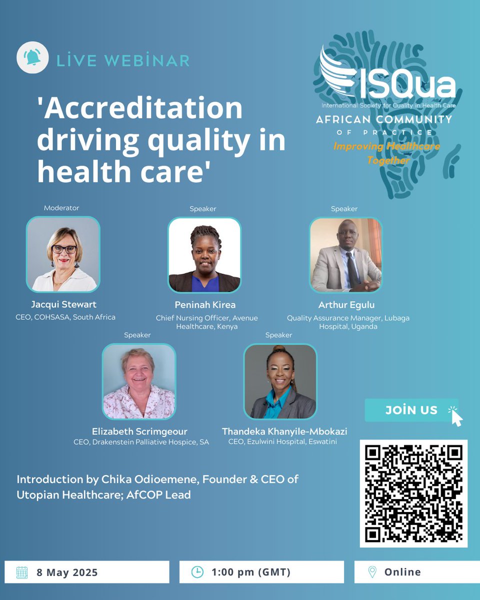 Webinar | 8 May, 13:00 GMT |"Accreditation Driving Quality in Health Care"

How is accreditation transforming healthcare in Africa? Join us for an inspiring session packed with real-world insights on improving patient safety &amp; care quality.
Register now: bit.ly/3YWHDjI