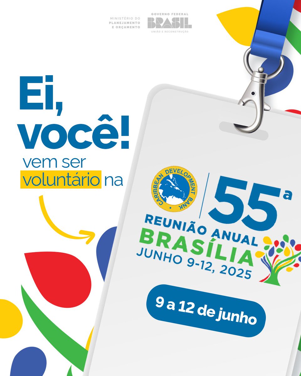 #VOLUNTARIADO | 🪪 Você está cursando ou concluiu o curso de Relações Internacionais, Hotelaria, Tecnologia de Eventos, Secretariado, Logística ou Letras? Venha ser um voluntário e apoie o #MPO na realização da 55ª Reunião Anual do Banco de Desenvolvimento do Caribe...⤵️