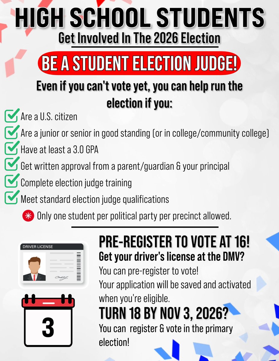 🚨 High schoolers: Want to help with the 2026 election even if you can’t vote yet?
Become a Student Election Judge! 🇺🇸🗳️
✅ U.S. citizen
✅ Junior/Senior with 3.0 GPA
✅ Parent &amp; principal approval
You can pre-register to vote at 16, too!
Turn 18 by 11/3/26? You can VOTE! 🙌