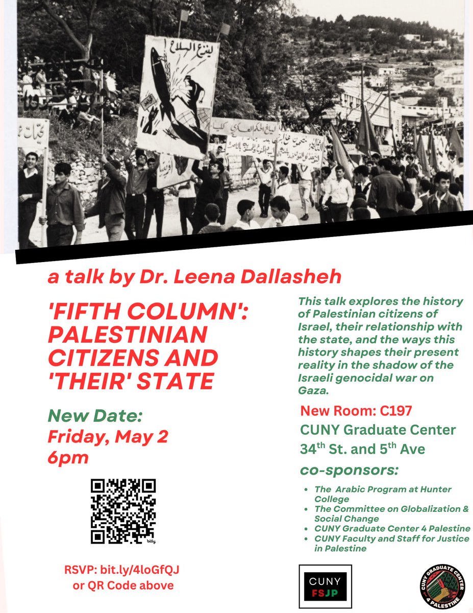 Please join us this Friday at 6 PM (5/2) for Dr. Leena Dallasheh's talk," 'Fifth Column': Palestinian Citizens and 'Their' State."  See the poster below for event description and RSVP information.