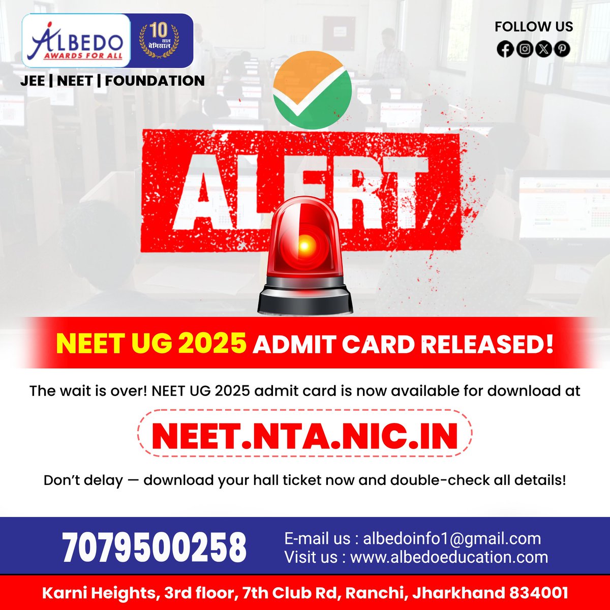 Albedo8th's tweet image. 🎉 NEET UG 2025 Admit Card OUT Now!
Your gateway to the exam is here — download your hall ticket from neet.nta.nic.in today! 📥
🔔 Don’t wait till the last minute — check your details &amp;amp; stay exam-ready!
#NEET2025 #AdmitCardOut #MedicalAspirants #ExamReady #NEETUG2025
